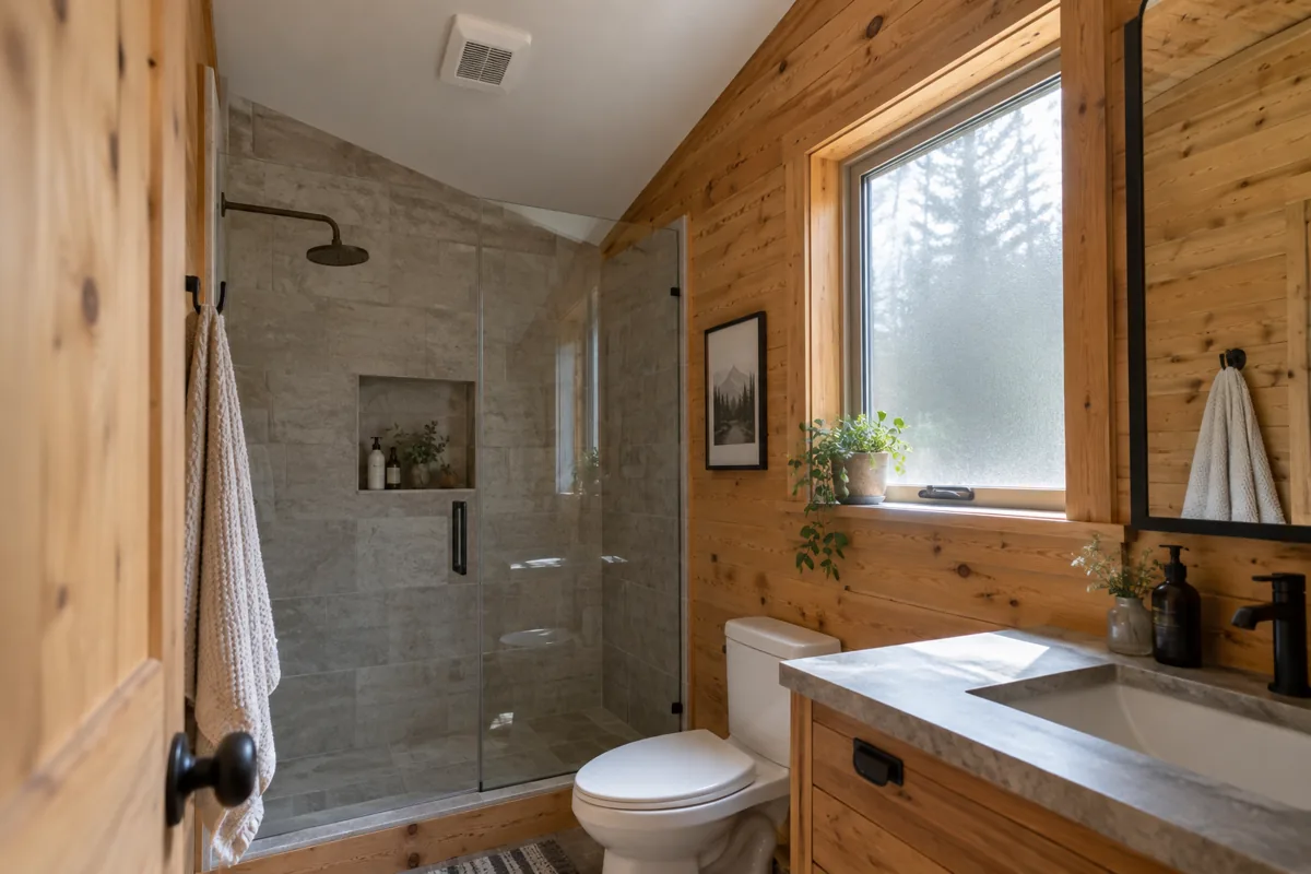 Ceiling exhaust grille above a shower in a timber cabin bathroom.