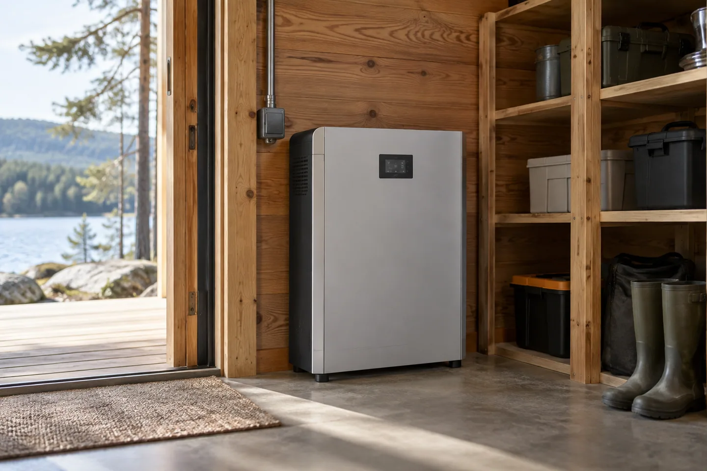 A compact enclosed home battery in a clean dry cabin service area
