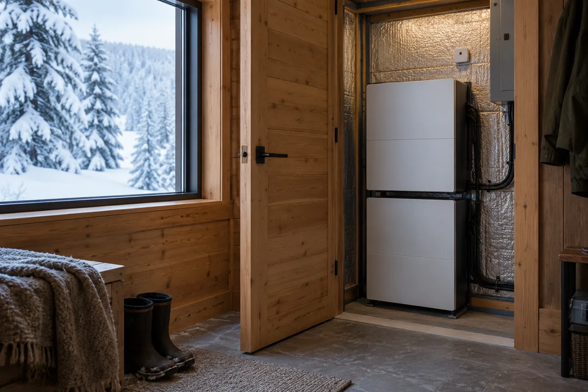 Enclosed home battery equipment inside a timber cabin, with snow outside the window.