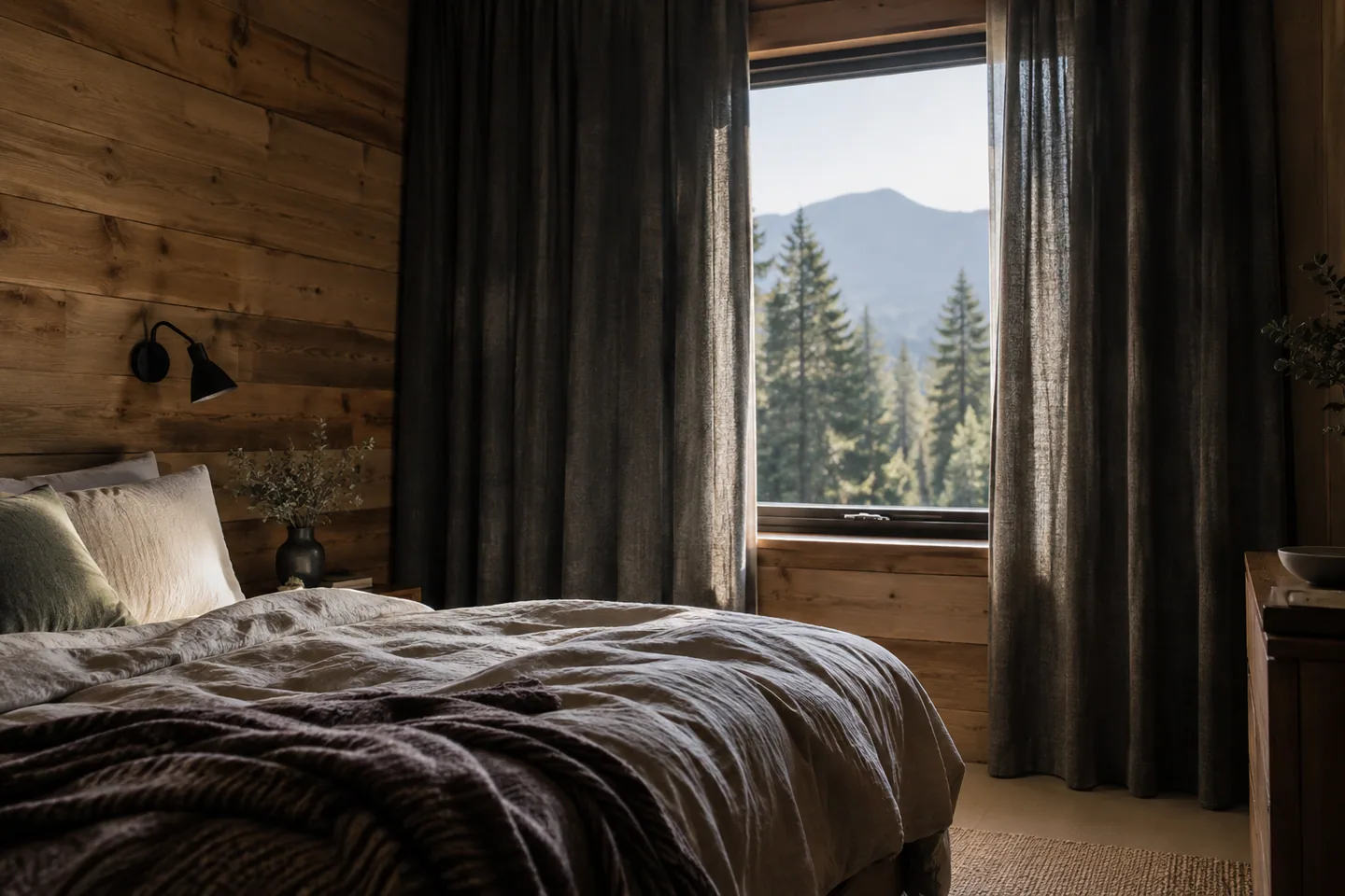 Blackout linen curtains partially drawn around a cabin bedroom window with soft morning edge light