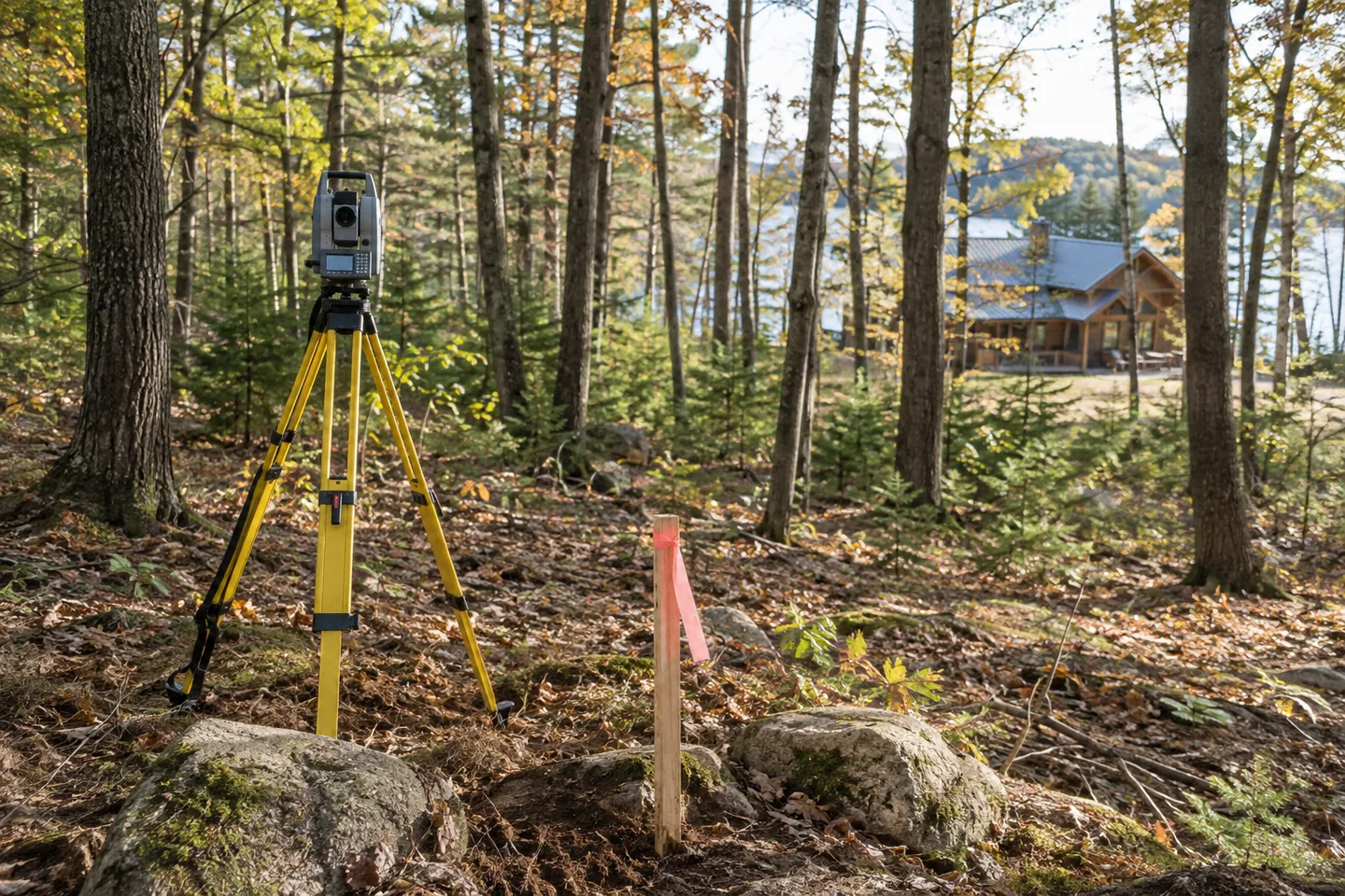 A survey tripod near a marked boundary corner of a wooded property, cabin distant in background