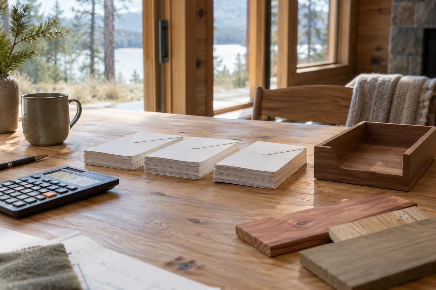 Three small stacks of plain envelopes and one reserved empty tray beside cedar samples and a calculator