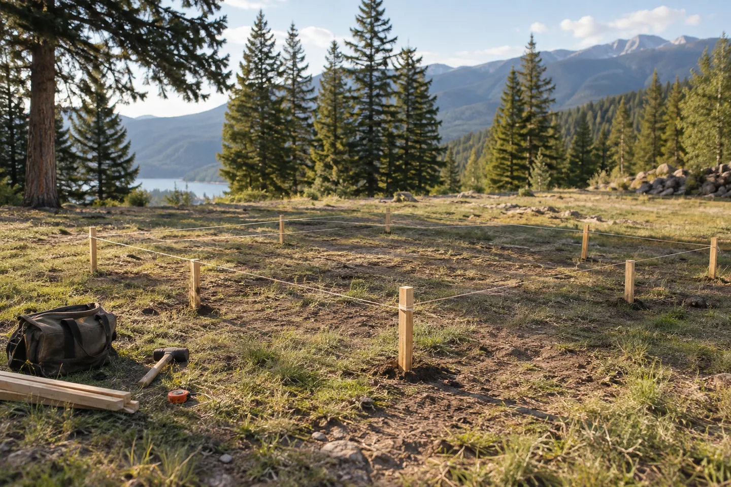 Wooden stakes enclosing a modest proposed cabin footprint well inside a larger open clearing