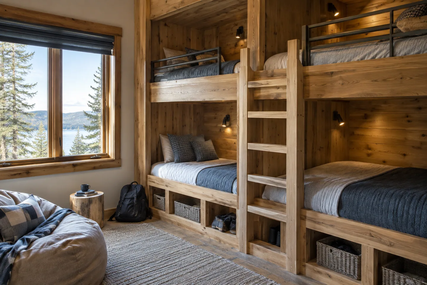 A timber bunk room with secure guardrails, storage cubbies and clear access ladder
