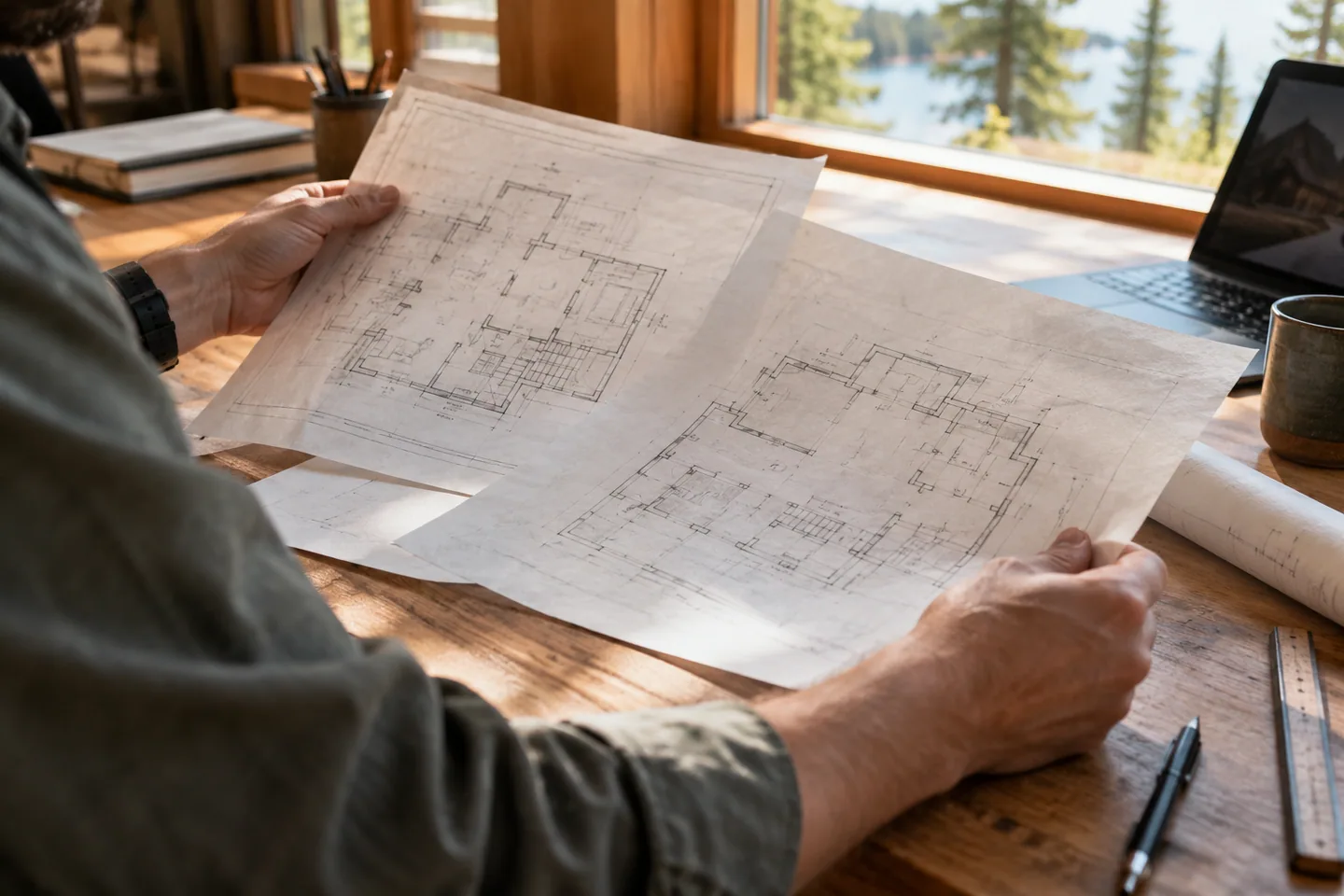 Close view of an architect's hands comparing two tracing-paper cabin layout revisions, markings illegible