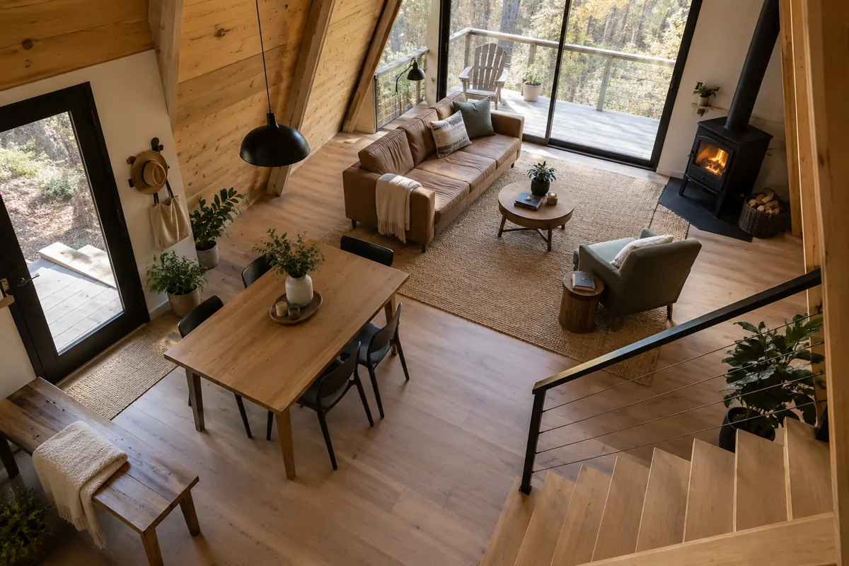 Overhead view of a compact A-frame living room with open routes around the furniture.
