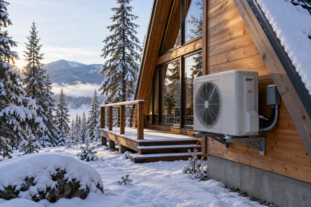 An outdoor heat-pump unit on raised brackets beside a snow-covered A-frame cabin.