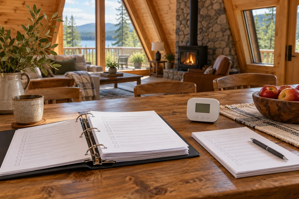 An open commissioning binder and a small control device on a cabin dining table.