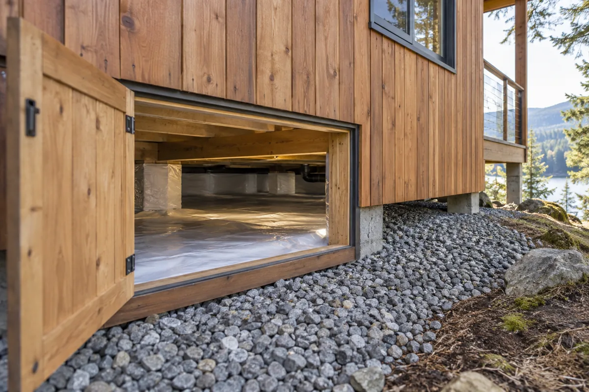 Open inspection hatch showing a ground membrane beneath a raised timber cabin.