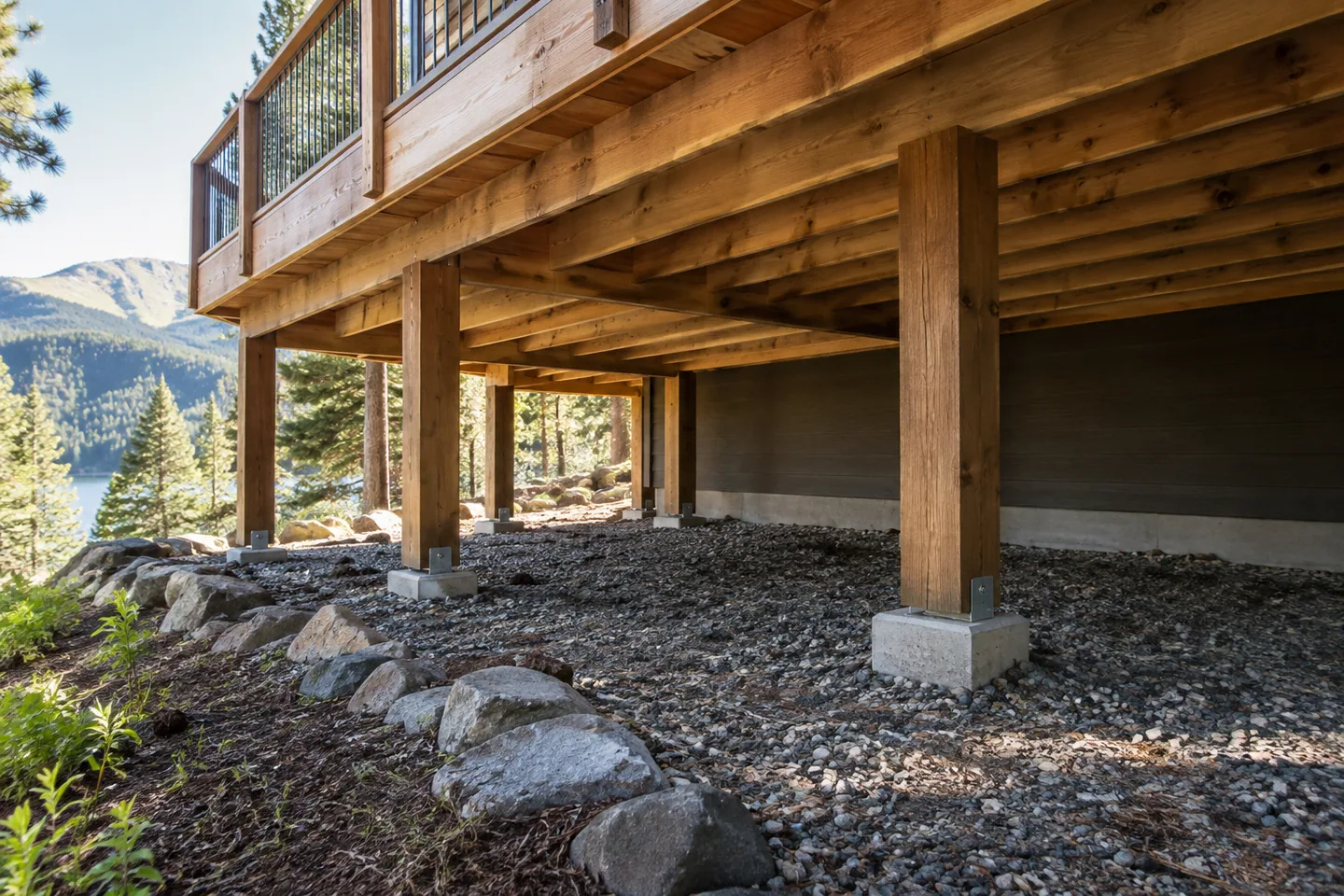 Close low-angle view beneath a well-built cabin deck showing posts, joists and neat ground clearance