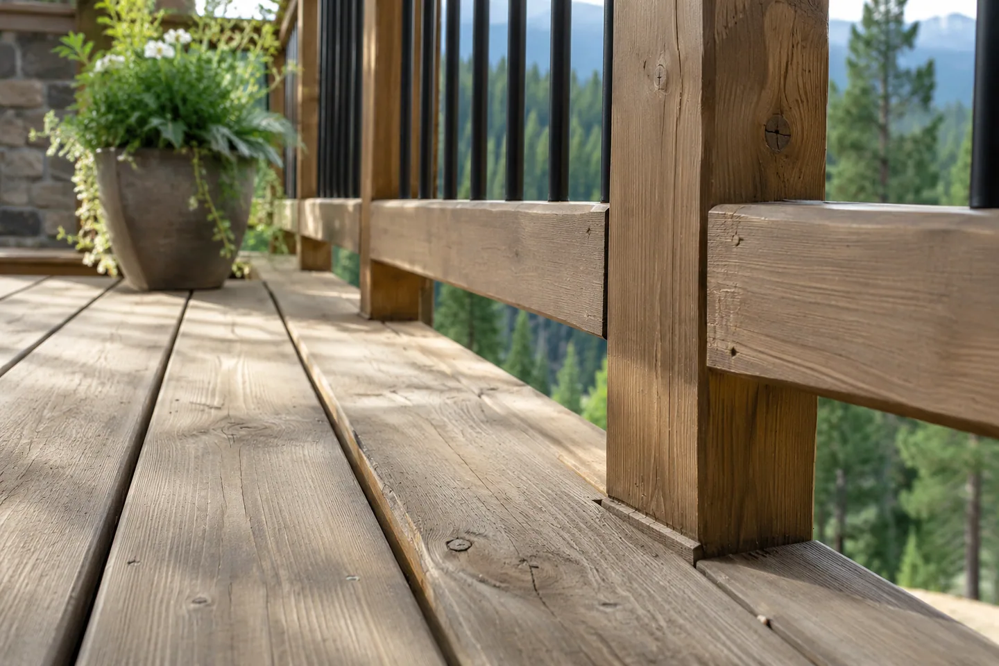 Deck board surfaces and a solid railing joint shown in soft daylight, close observational angle