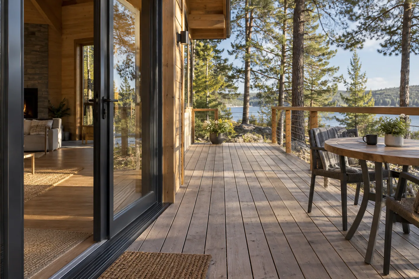 A clear path from a cabin glass door onto a simple deck, table kept to the side