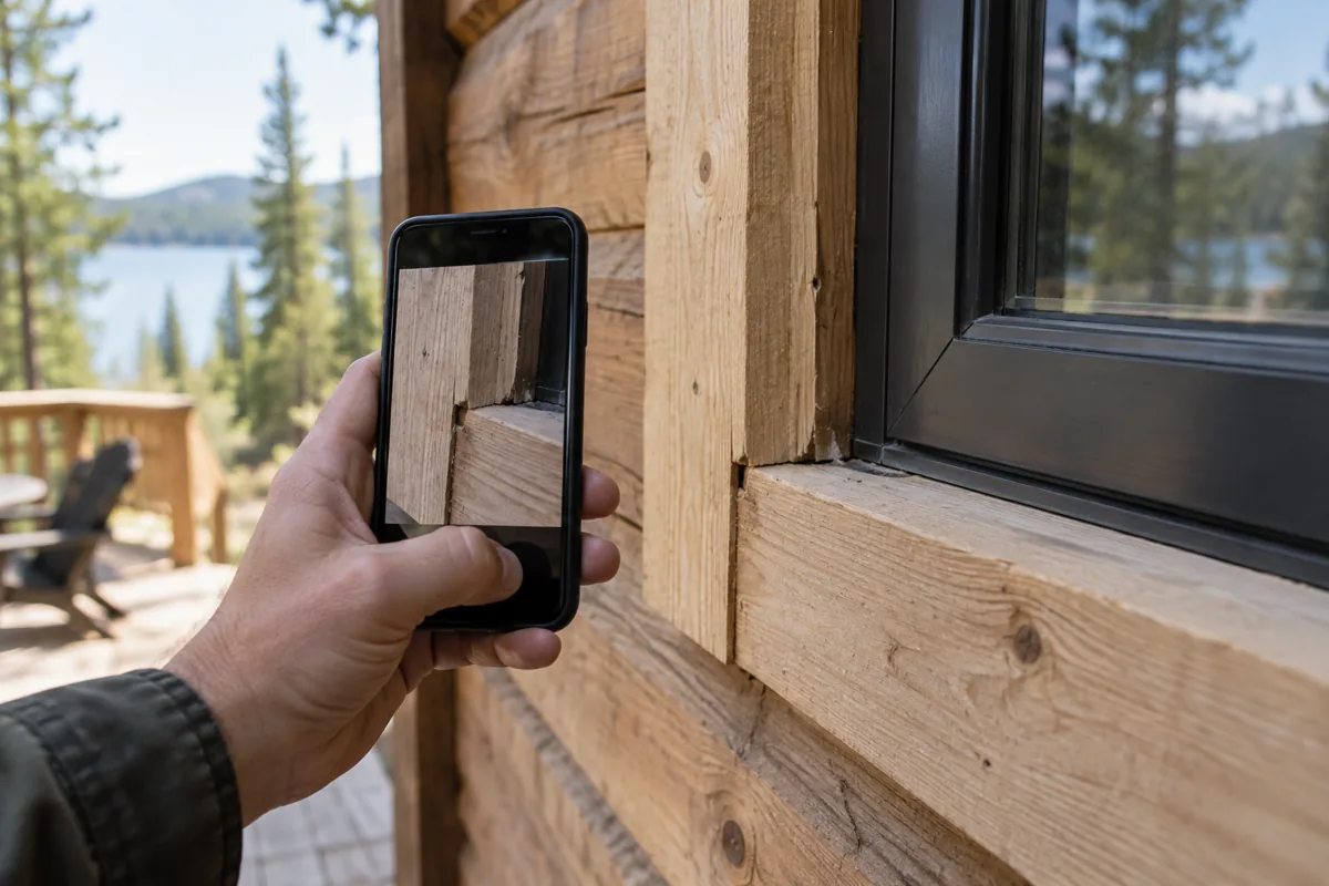 A smartphone camera recording a timber trim joint beside a cabin window.