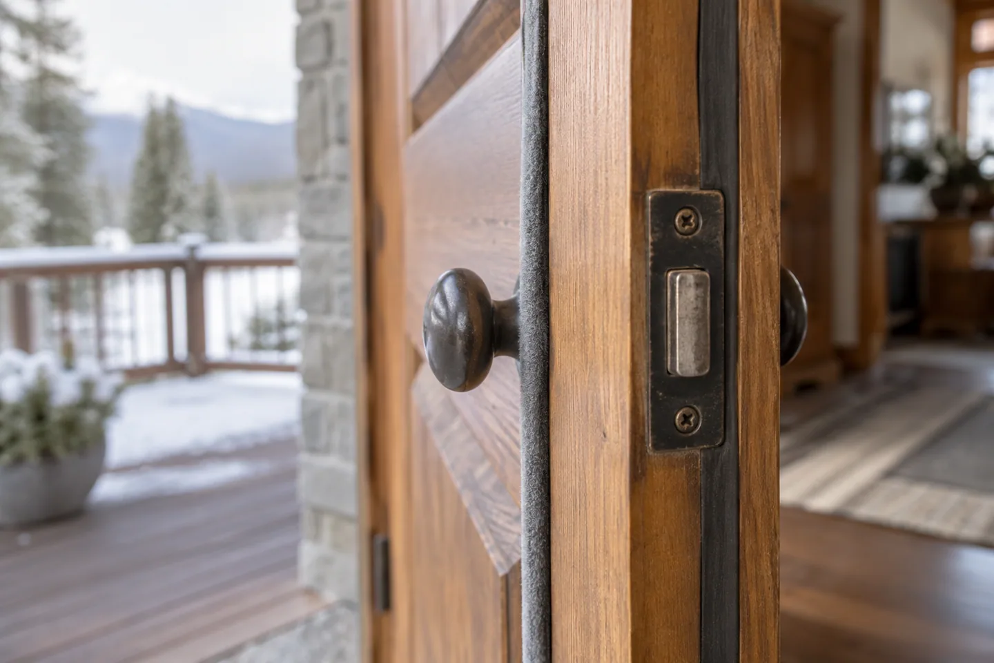 Close-up of the edge of a timber exterior door with visible weather seal and latch plate