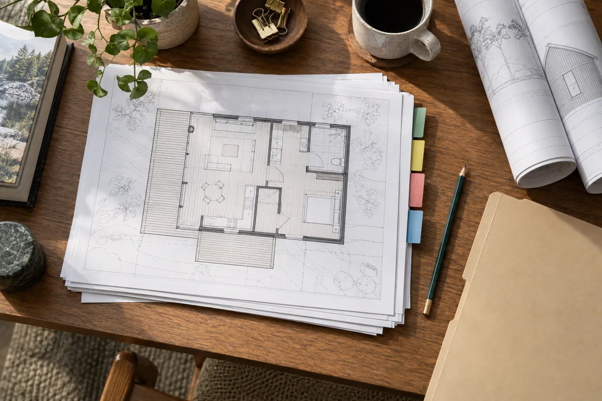 Cabin floor-plan sheets with colored revision tabs, a pencil and rolled drawings.