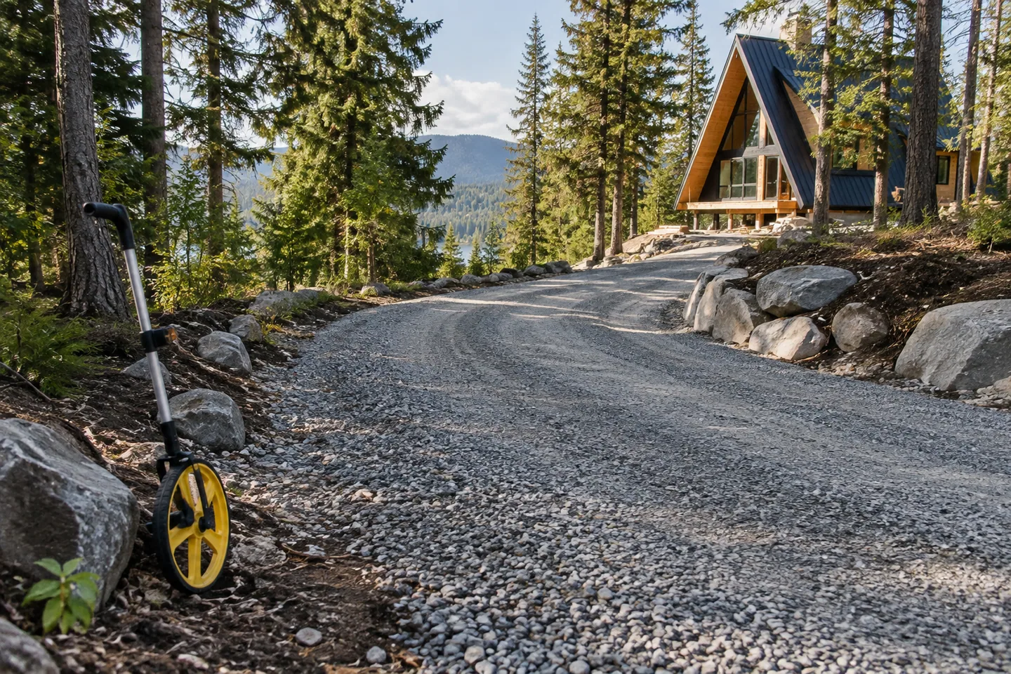 A broad gravel driveway bend leading toward an A-frame site, measuring wheel resting safely at roadside