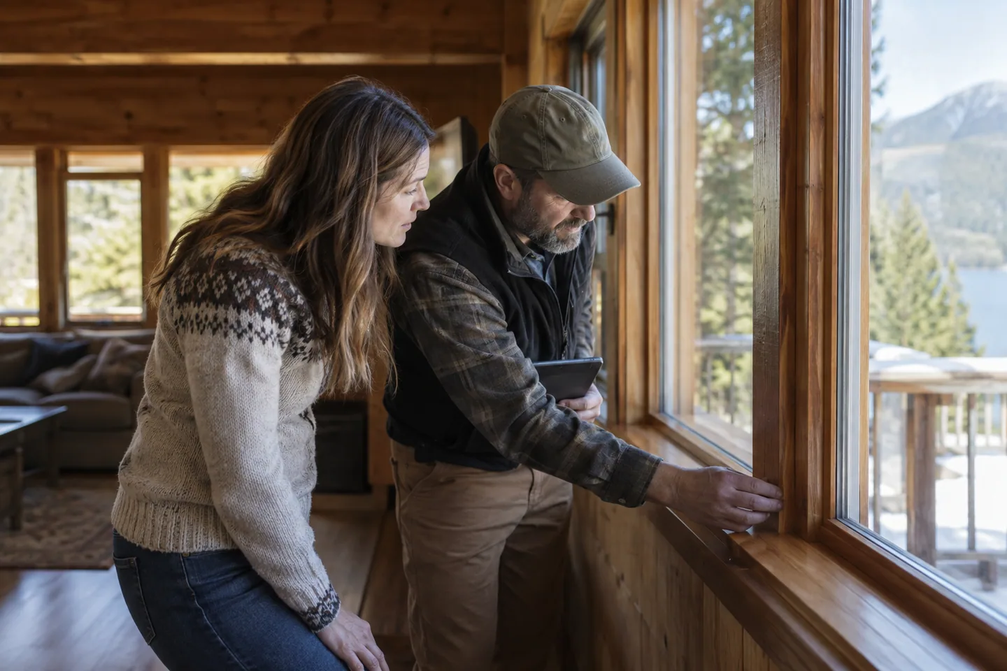An adult homeowner inspecting a cabin window seal with a professional energy assessor