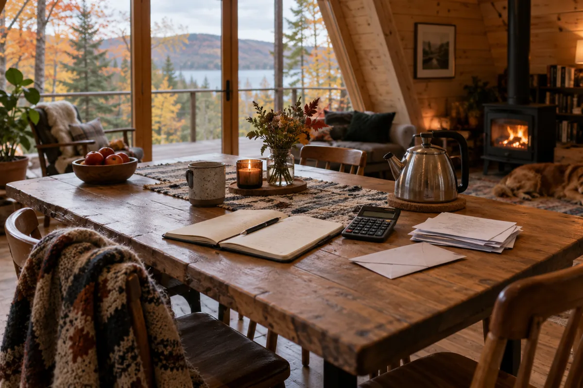 Household notebook, calculator and utility papers on an A-frame dining table.