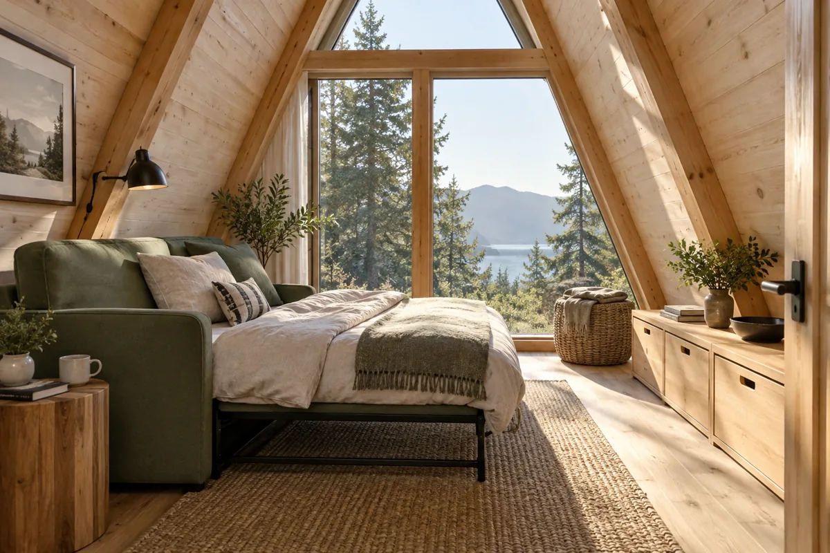 An unfolded daybed and built-in storage in a compact A-frame guest room.