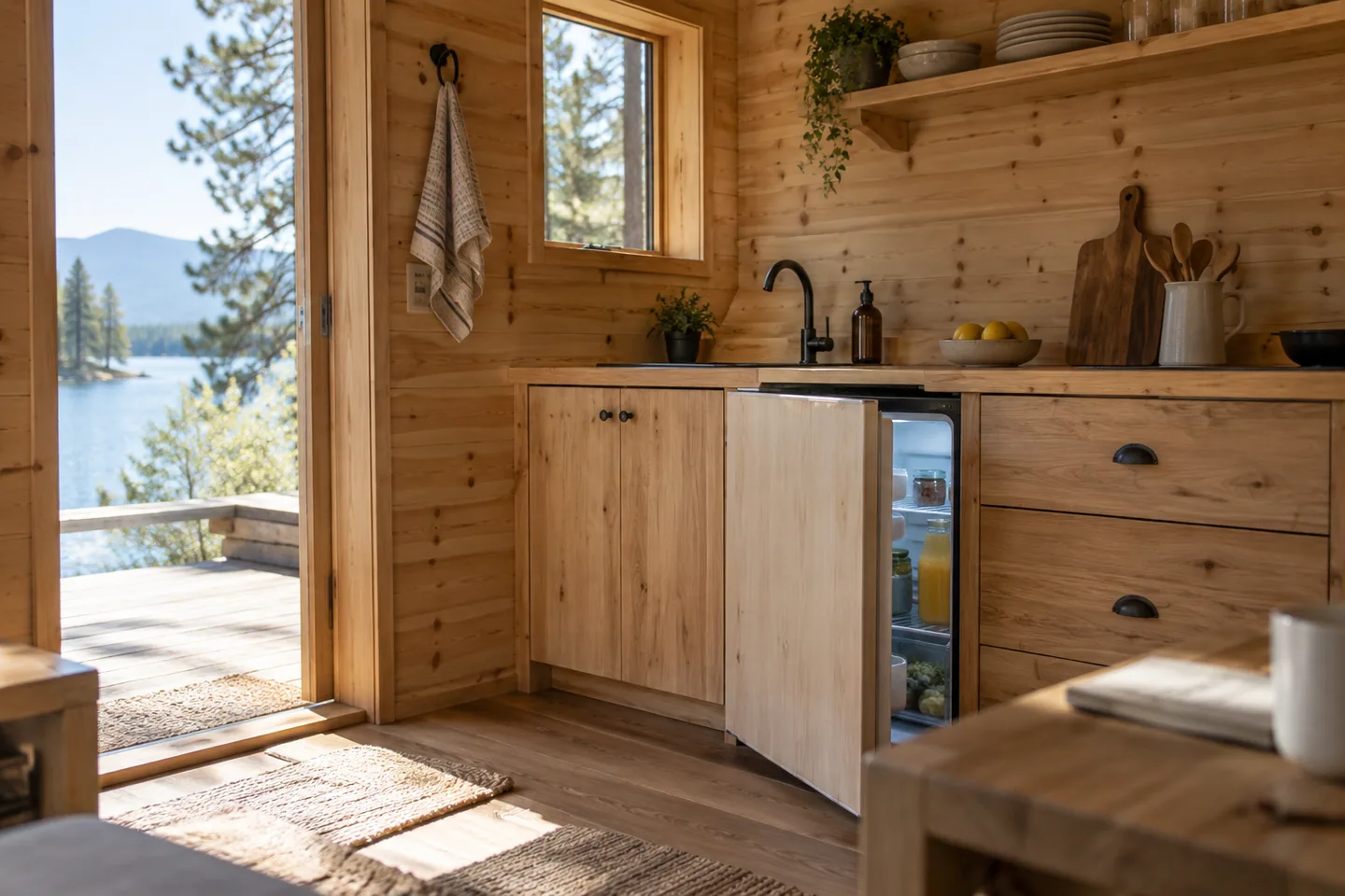 A compact refrigerator integrated into a small timber cabin kitchenette, door slightly open