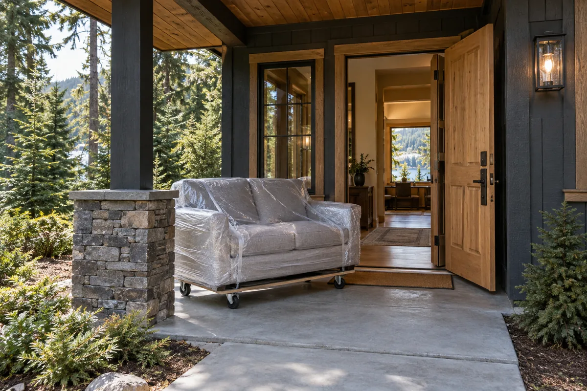 A wrapped sofa on a moving dolly beside an open cabin entrance.