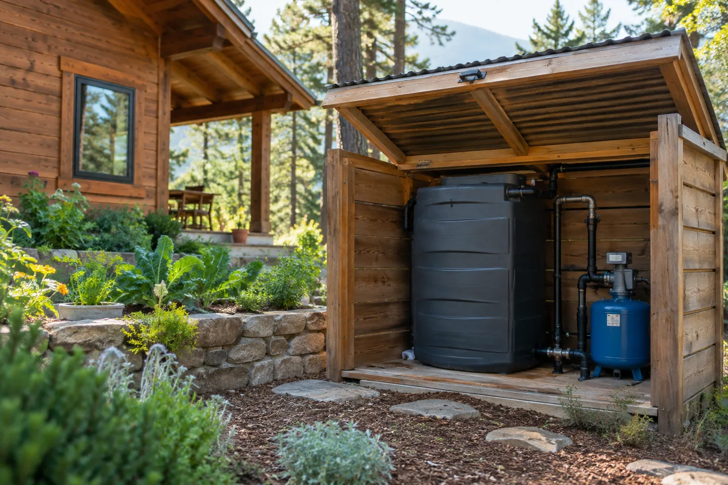 A covered outdoor service enclosure beside a cabin garden, water reuse planning concept