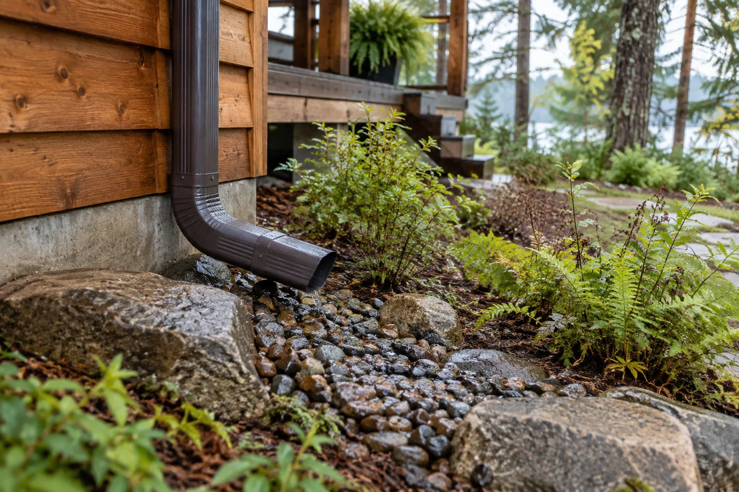Detail of a cabin downspout leading toward a planted drainage area, freshly wet gravel