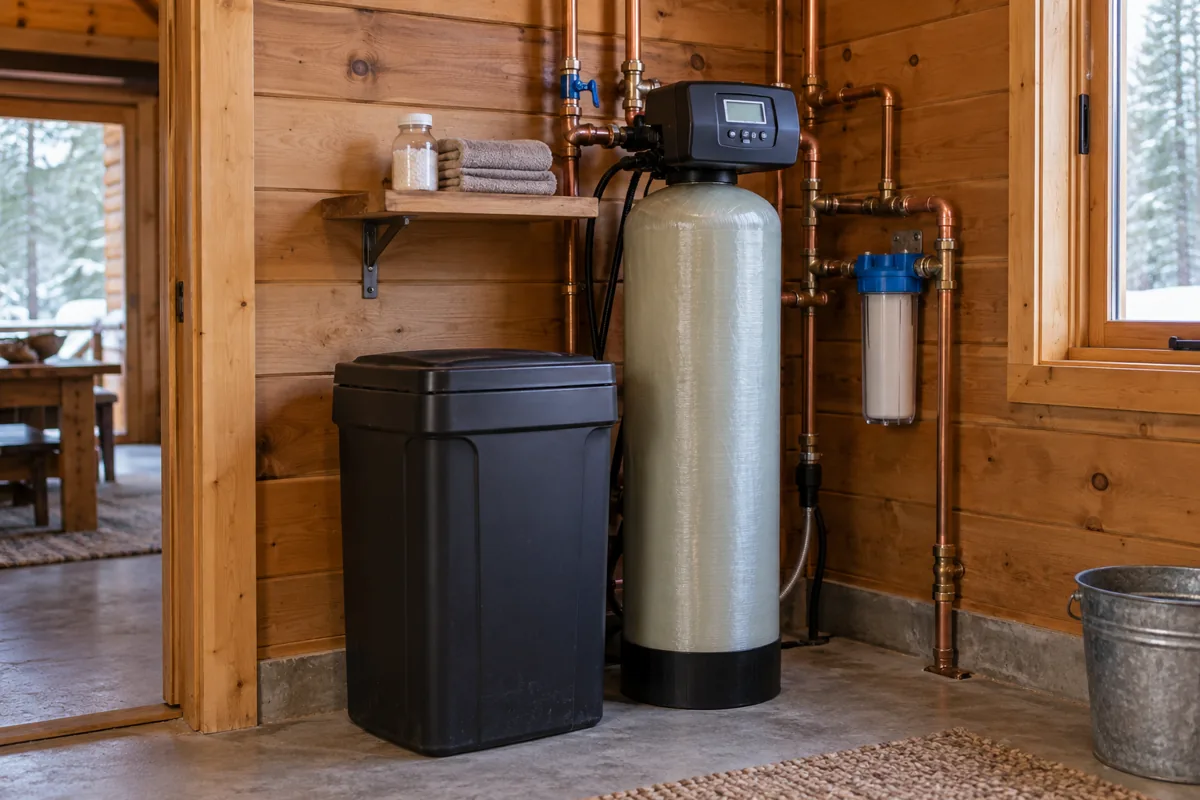 A water-treatment tank and plumbing in a timber cabin utility alcove.