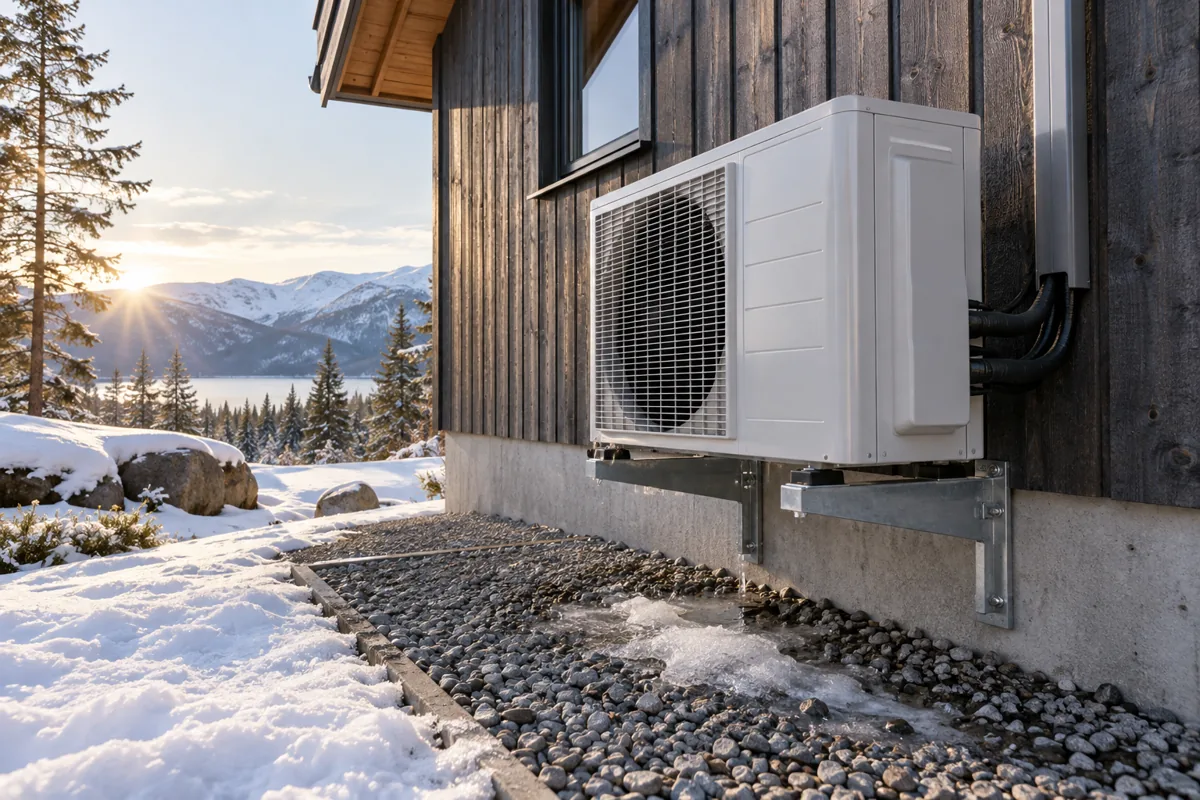 A raised outdoor heat-pump unit above a gravel drainage area beside melting snow.