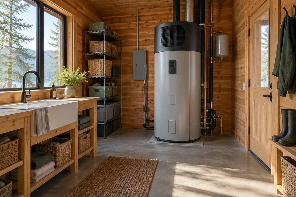 A heat-pump water heater with an open service area in a timber utility room.