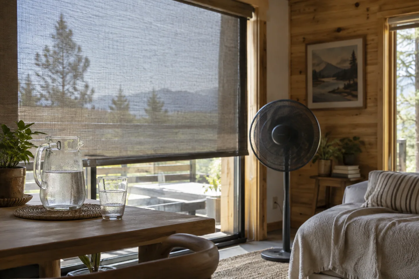 A shaded cabin room with drawn exterior shade, a glass water pitcher and circulating fan in hot daylight