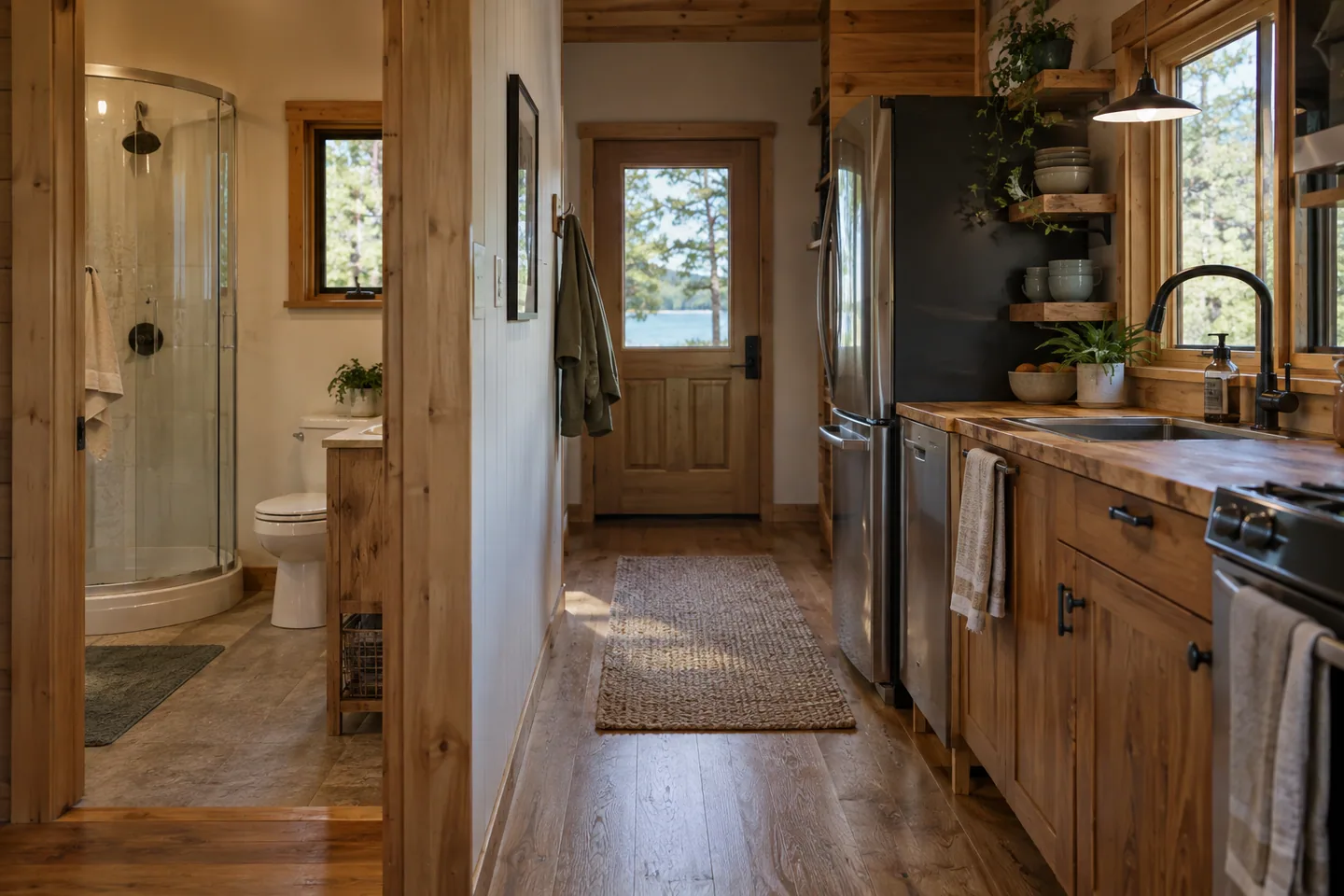A cabin bathroom and kitchen connected by a small hallway, everyday hot-water use setting