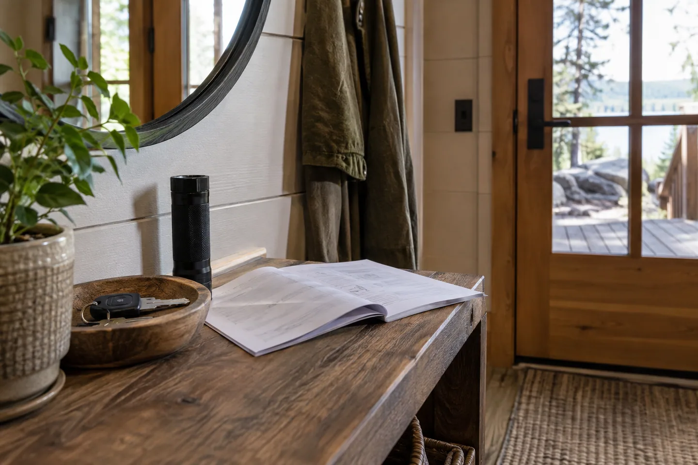 A simple open house manual beside a key tray and flashlight on a cabin entry console