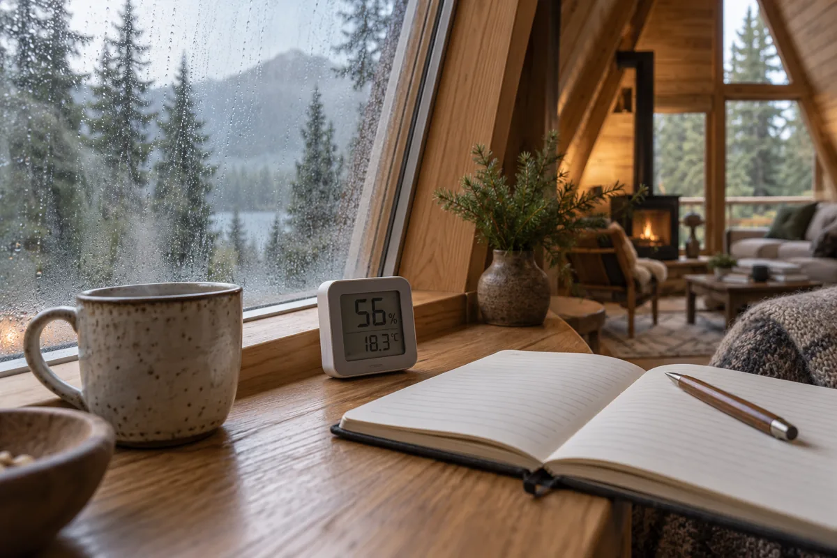 A digital humidity meter and notebook beside a misted cabin window.