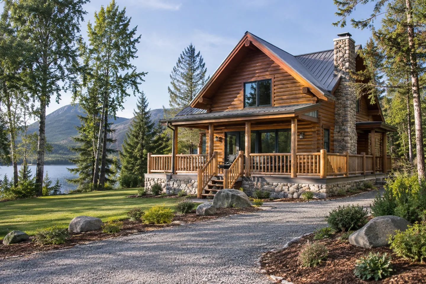 A cabin exterior photographed in ordinary daylight with clear access road and maintained surrounding grounds