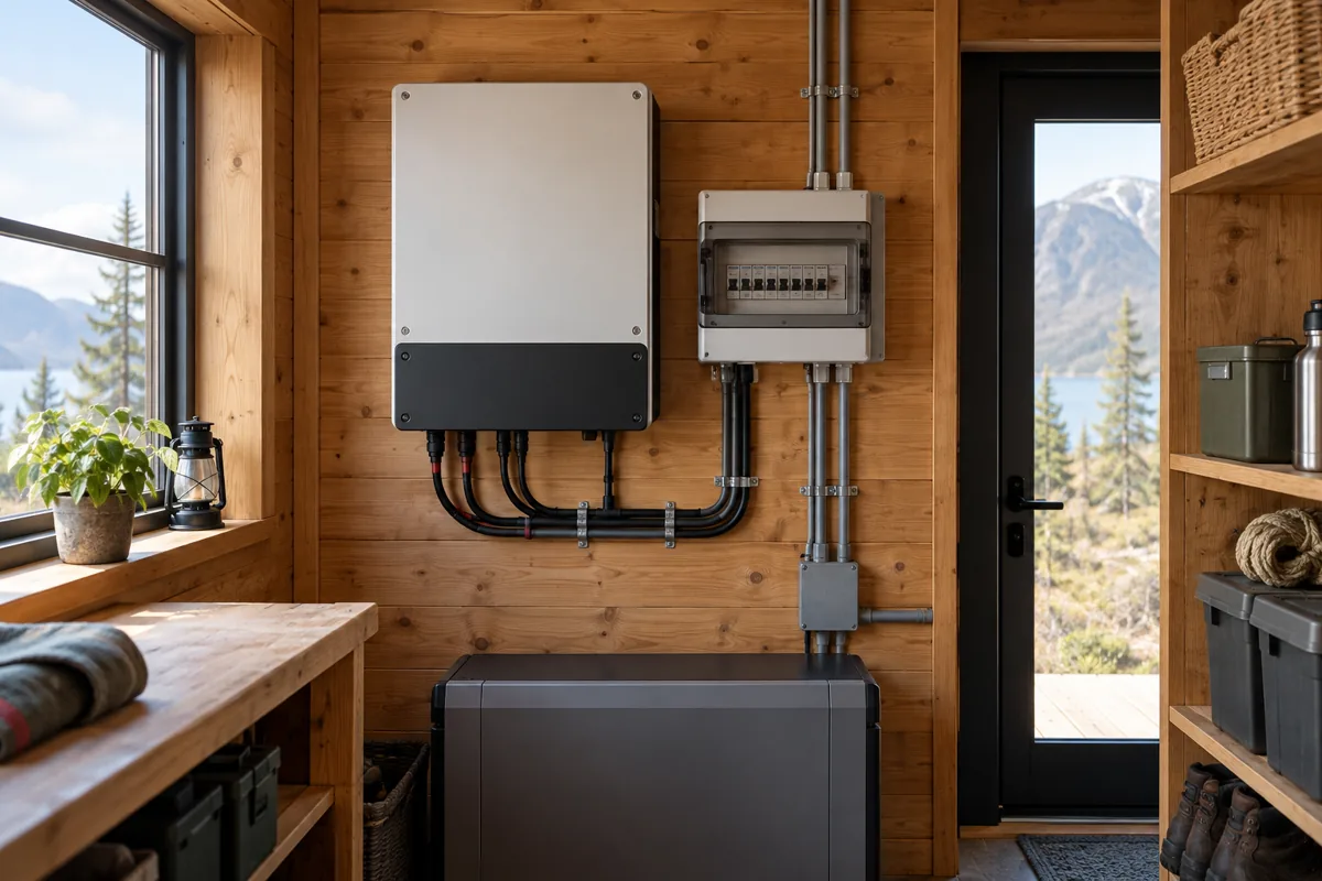 Enclosed inverter equipment and routed conduit on a cabin utility wall.