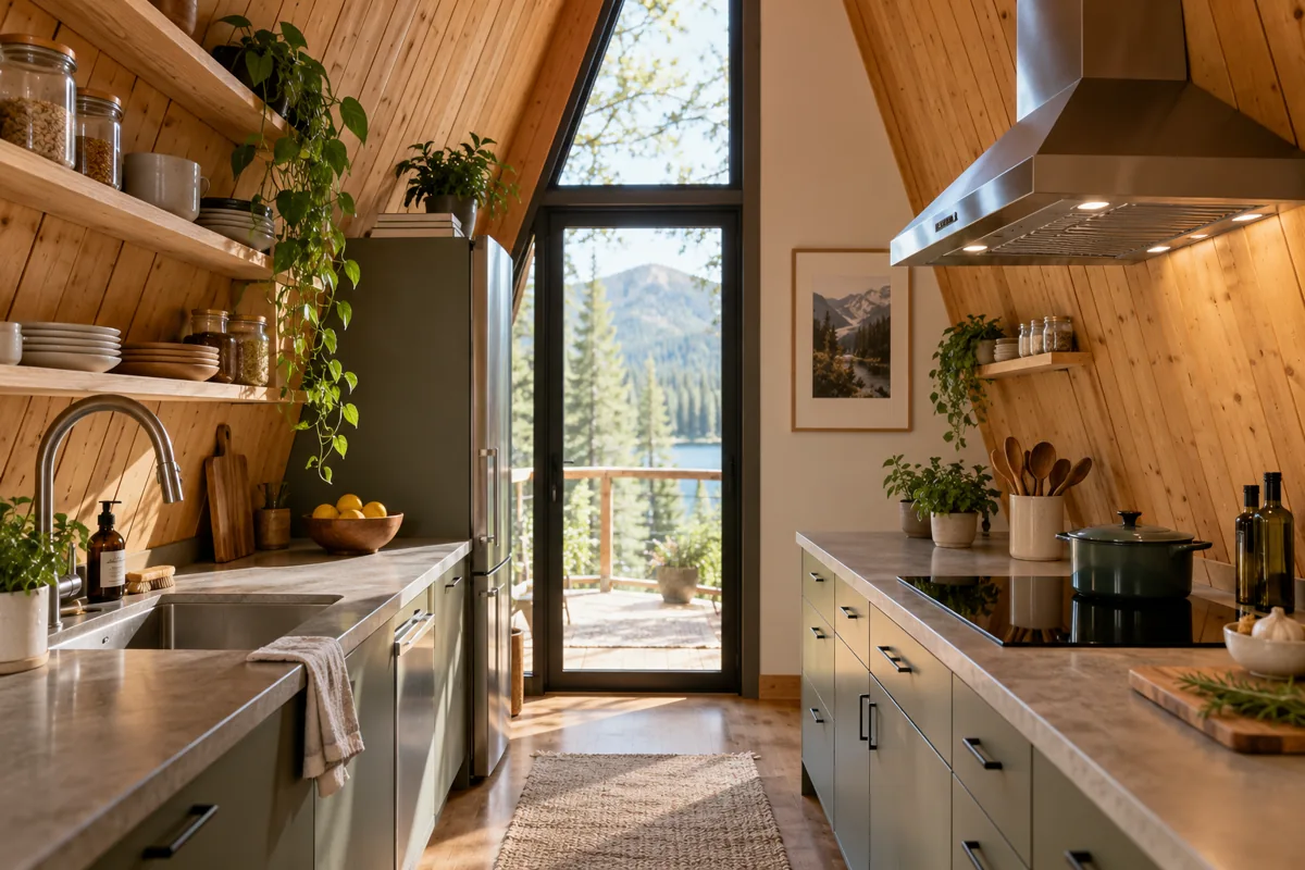 A ducted extractor hood above the cooktop in a compact timber cabin kitchen.