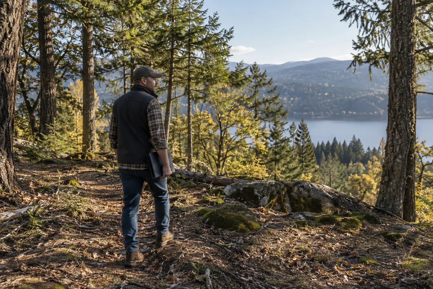 Adult land buyer carrying a closed document folder while walking along an undeveloped woodland property