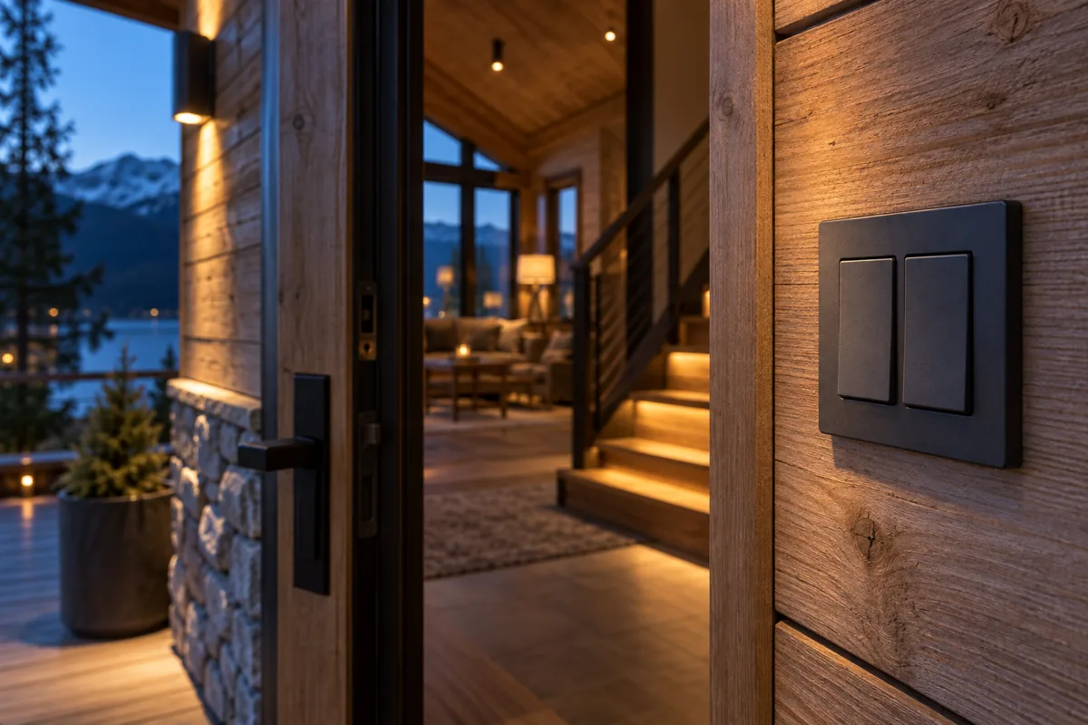 Wall light switches at a timber cabin entrance with a lit staircase behind.