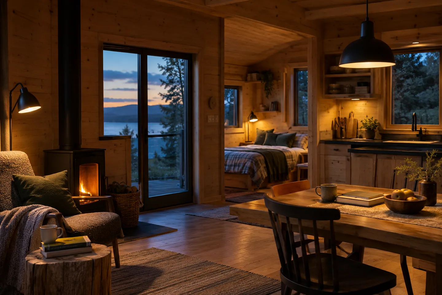 Several warm low-energy reading lights illuminating different useful zones of a cabin at dusk