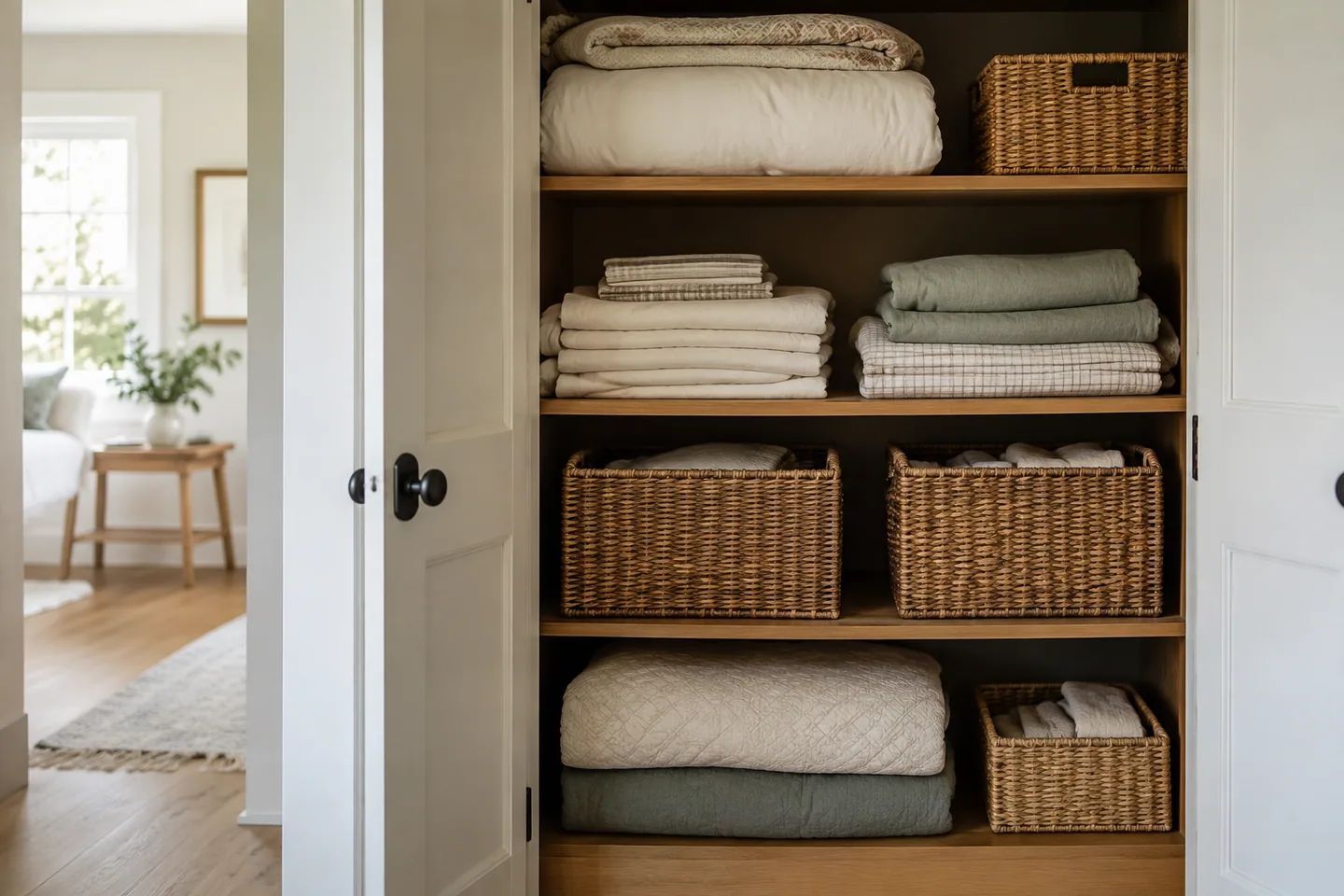 Open linen cupboard with separate woven baskets and folded spare bedding