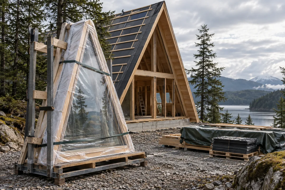 A protected triangular window on a delivery rack beside an unfinished A-frame cabin.