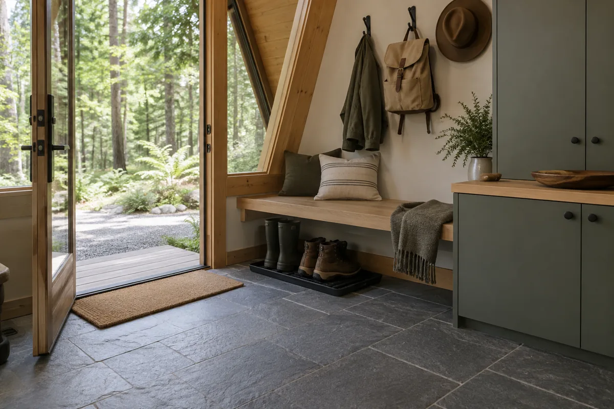 Cabin entry with stone floor, boot tray, raised bench and closed storage.