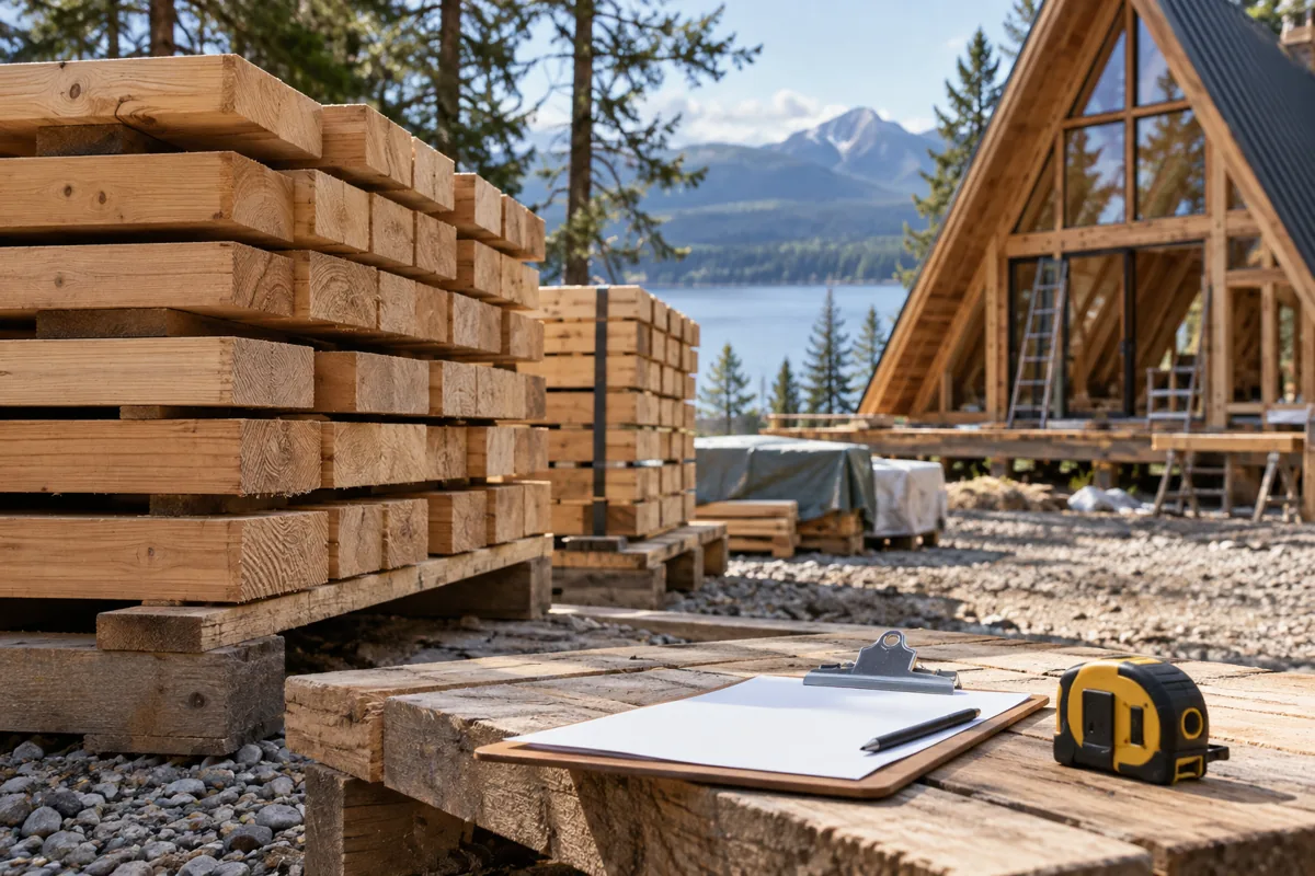 Stacked construction timber, a clipboard and a tape measure at a cabin site.
