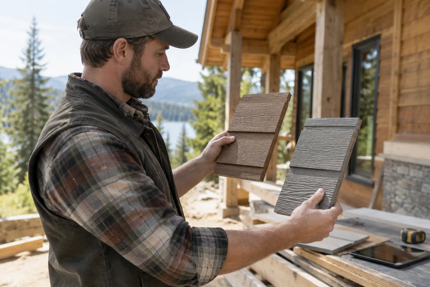 A builder comparing two siding sample boards with different textures in natural daylight
