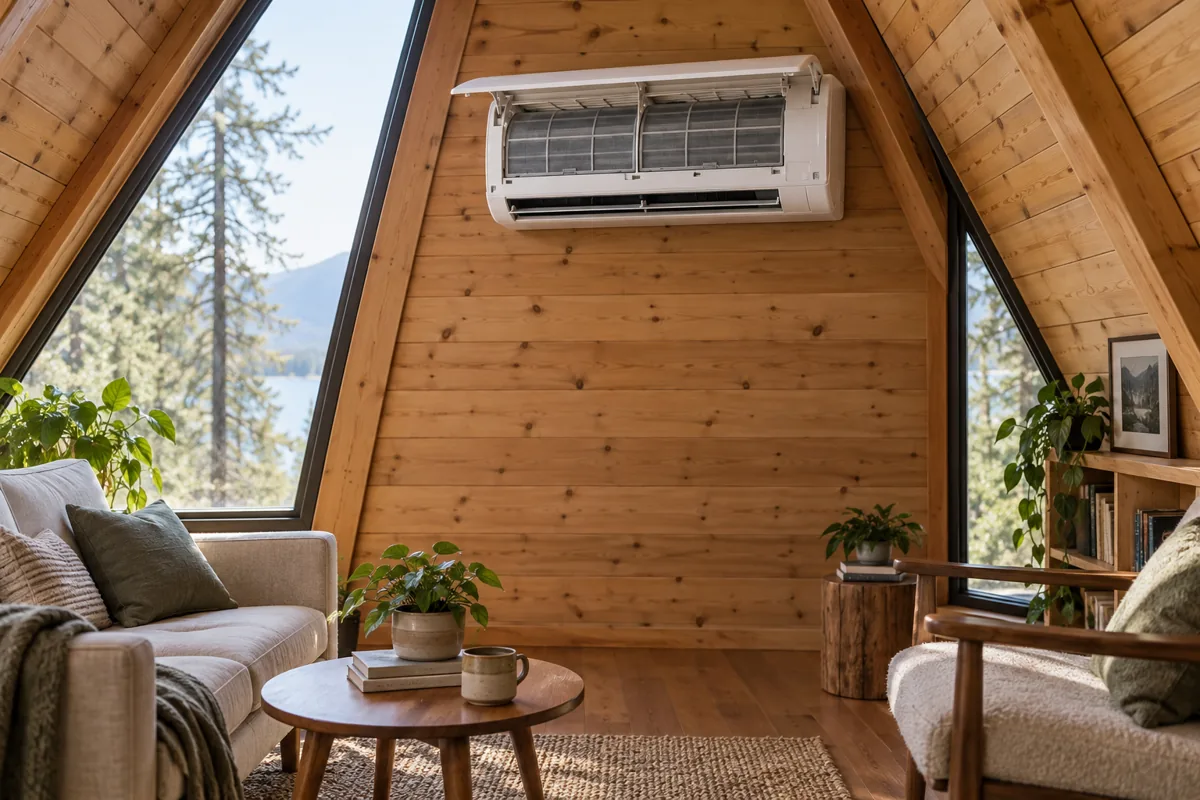 An indoor mini-split unit with its filter panel open on a timber cabin wall.