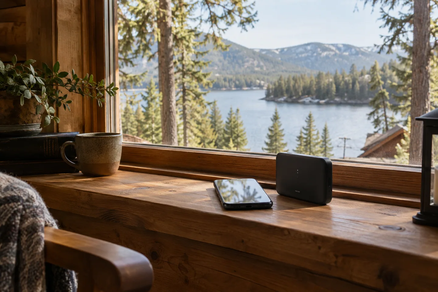 A smartphone resting on a cabin windowsill beside a compact unbranded mobile router, display not legible