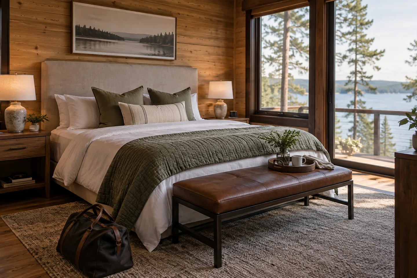 A cabin bedroom prepared with two bedside tables, luggage bench and a simple welcome tray