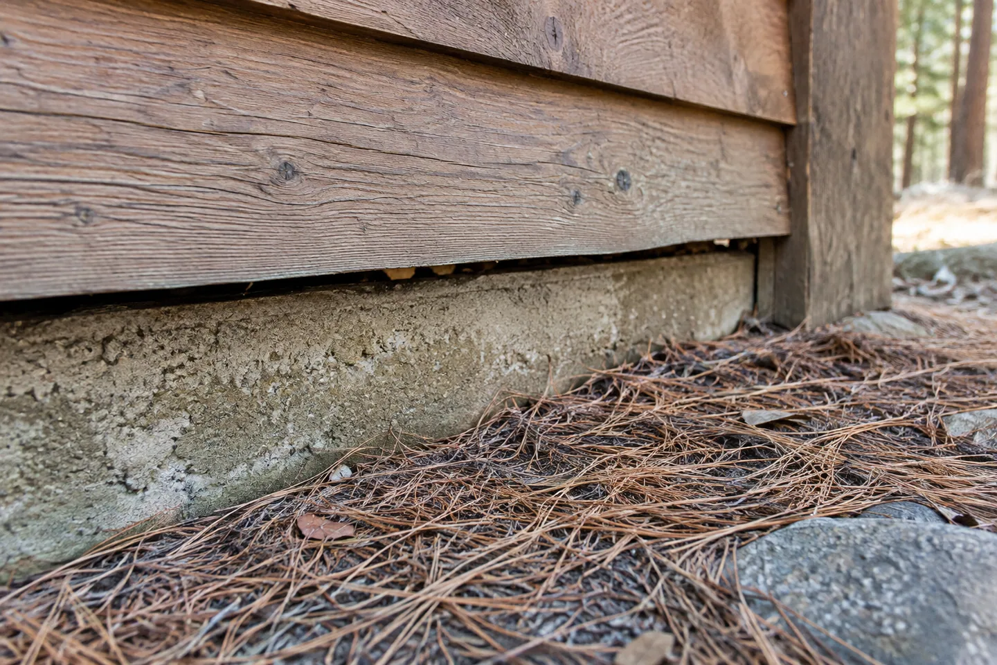Close view of a small gap beneath cabin siding near the ground, fallen needles