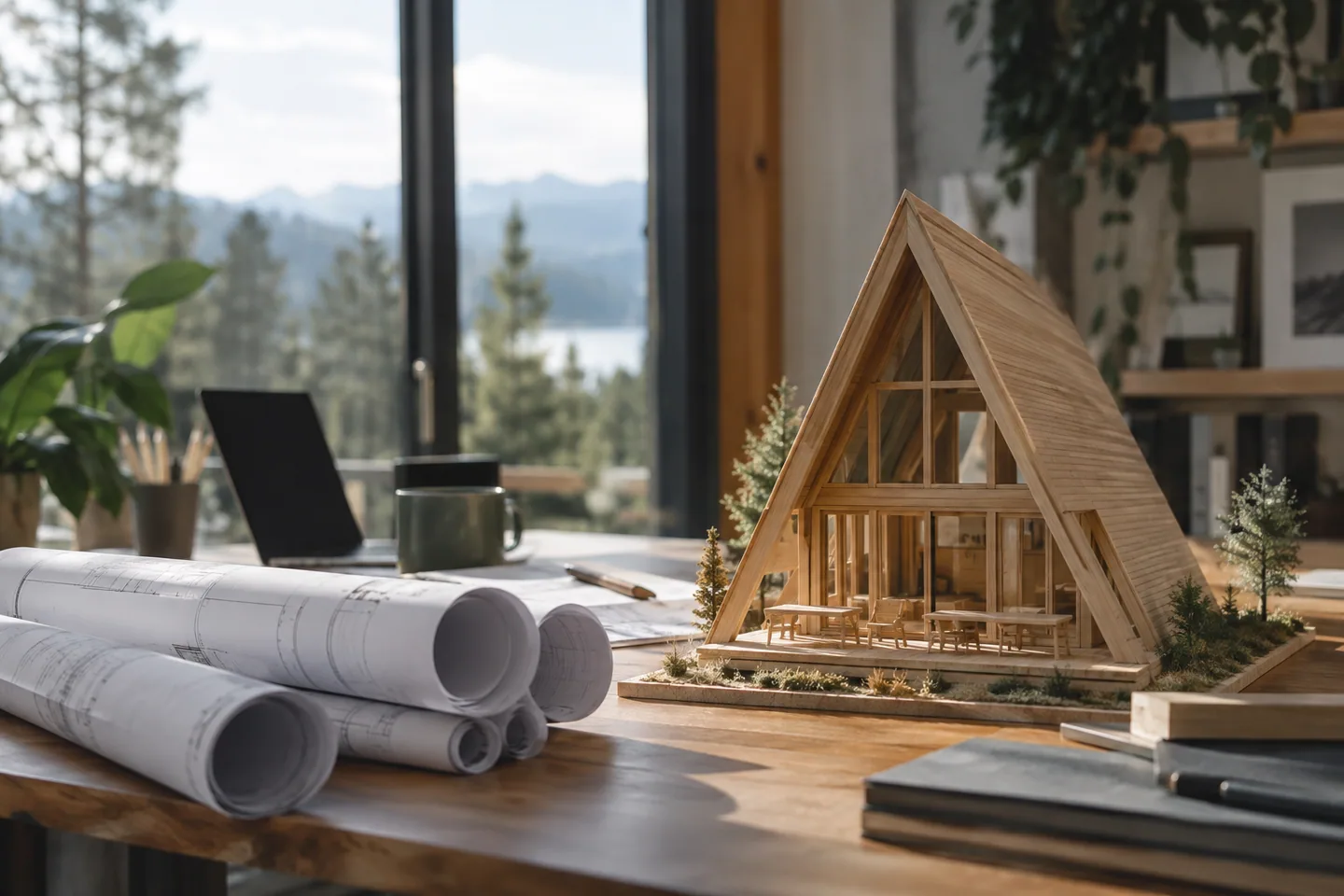 Rolled architectural drawings beside a completed timber scale model on an office counter